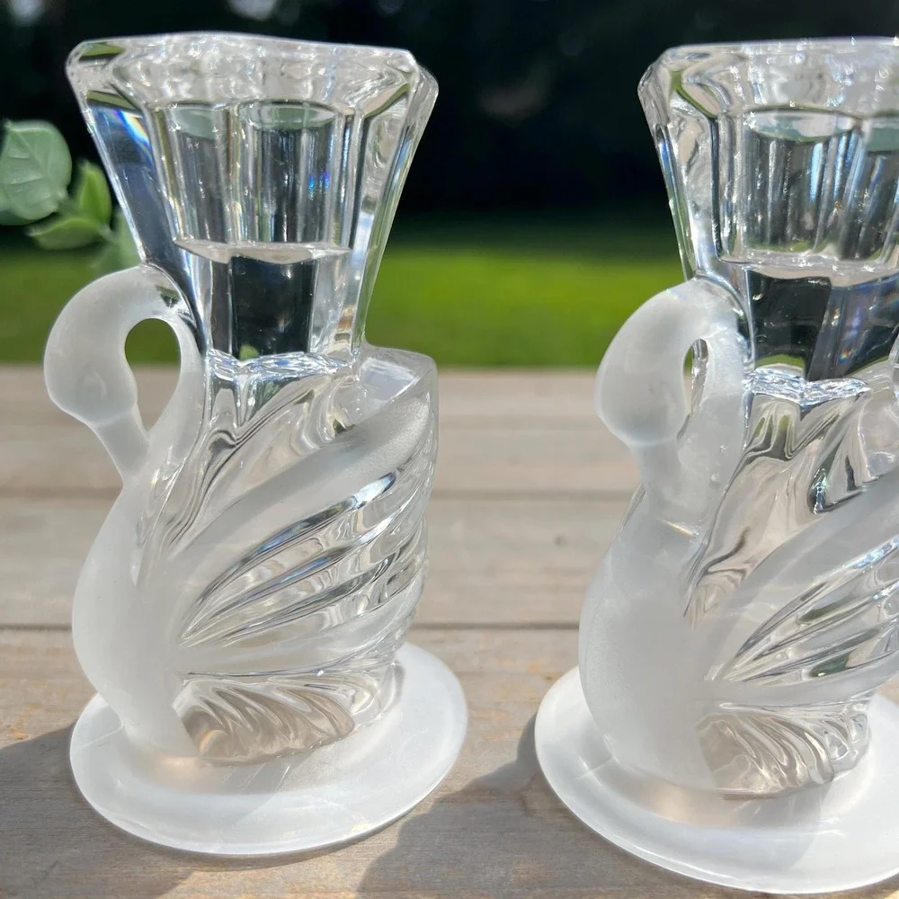 Swan Crystal Frosted Glass Candlestick Holders | Set of 2